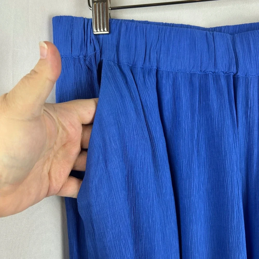 JM Collection Women Wide Leg Pants Blue Crinkle Textured Elastic Waist Large New
